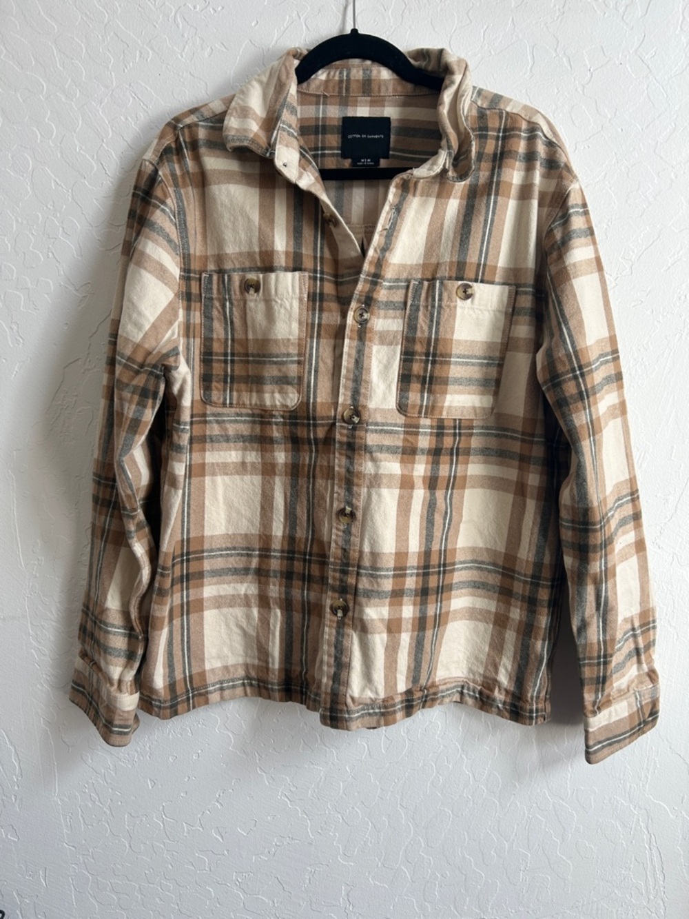 Medium weight cotton neutral tone flannel shacket